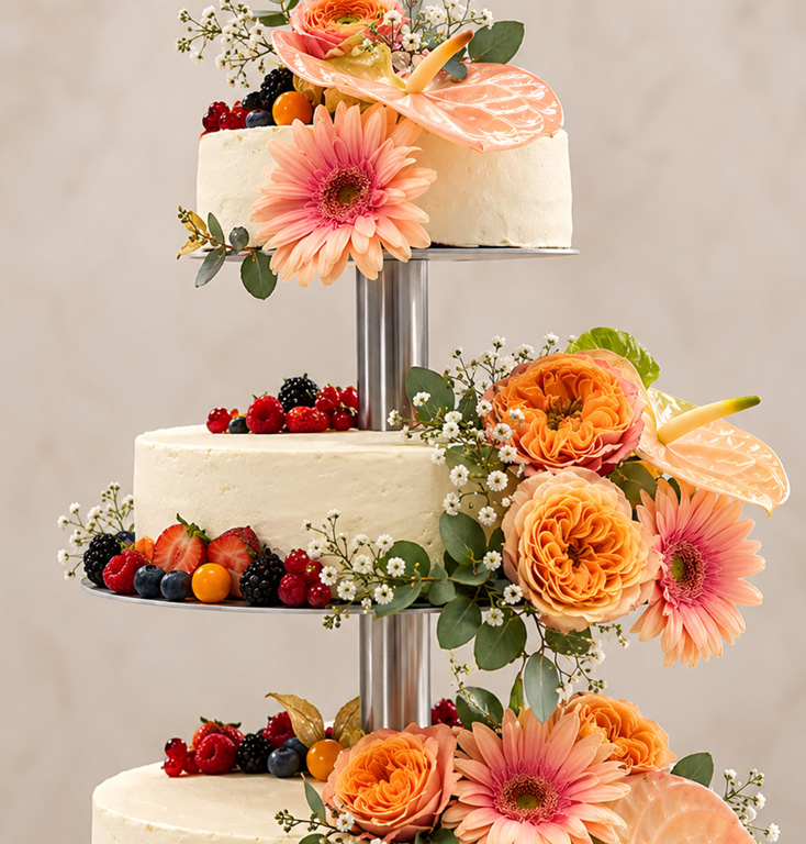 Stockwerk-Torten bestellen: Festliche Torte mit Blumen und Früchten von Konditorei Niedermair