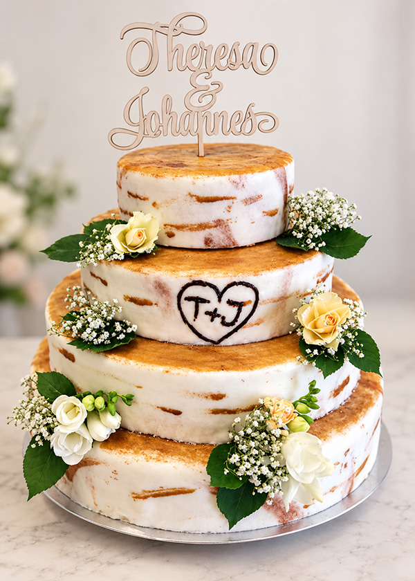 Stockwerk-Torten: Rustikaler Naked Cake mit Herz-Topper und Blumen von Tortenspezialist Niedermair