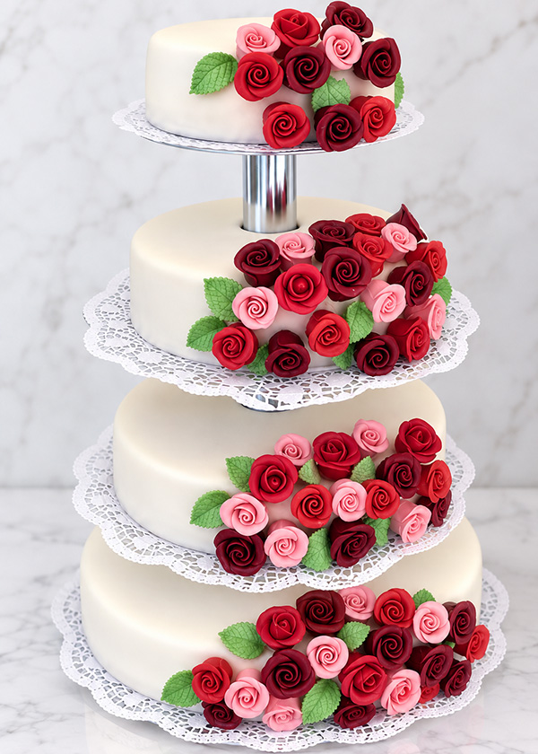 Hochzeitstorte dreistöckig: Klassische weiße Torte mit roten Rosen von Tortenspezialist Niedermair