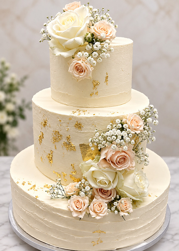 Stockwerk-Torten: Elegante dreistöckige Torte mit Rosen und Silberdetails von Niedermair